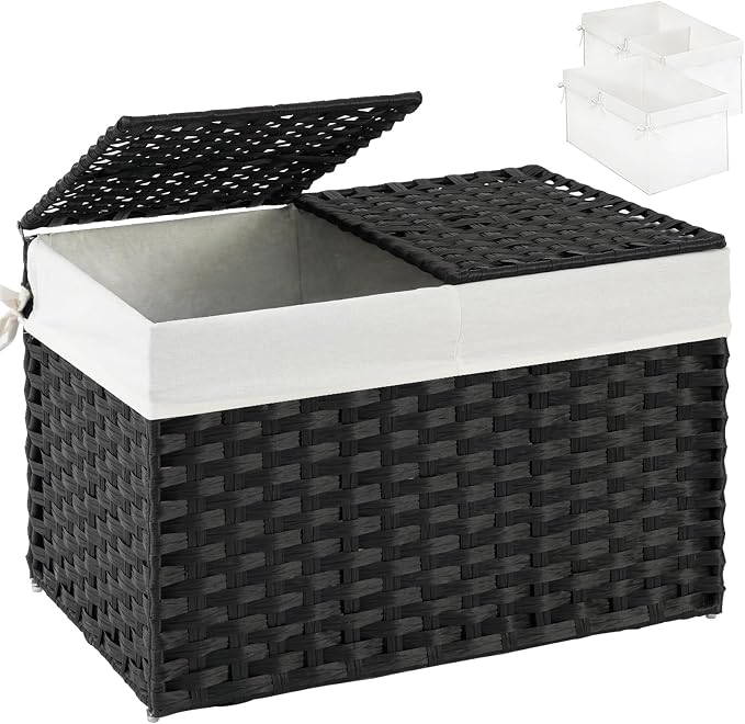 SETVSON Storage Basket with Lid PE Rattan Storage Basket 105L, Black | 27.8 Gallon Storage Bin with 2 Separate Lids, 2 Removable Liners for Clothes & Blankets, Sturdy Metal Frame, PE Rattan by SETVSON