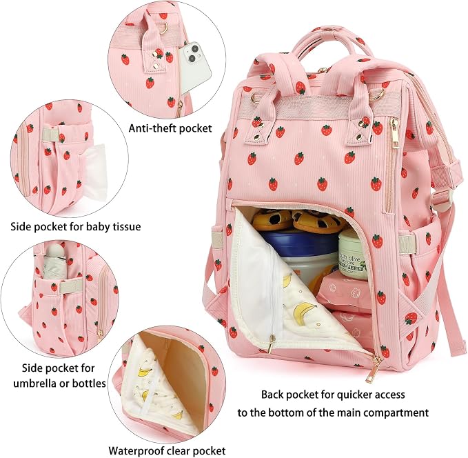 Corduroy Diaper Bag Backpack for Baby Girls Boys, Women Large Nappy Bags for Mom (Pink Corduroy Strawberry) - Image 4