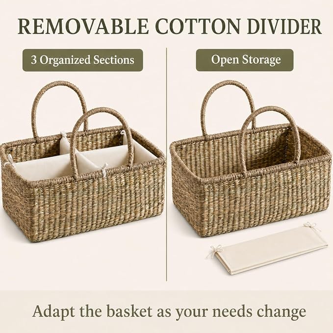 Premium Wicker Baby Diaper Caddy Organizer, Woven Seagrass Basket with Handles, Diaper Basket with Dividers (Rectangle) - Image 6