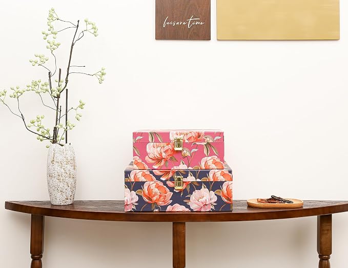 2-Piece Decorative Keepsake Storage Boxes with Lids, Bold Peony Floral Design in Berry Pink & Deep Navy, Cardboard Memory Boxes with Elegant Gold-Tone Accent, Stackable Home Décor Storage - Image 2