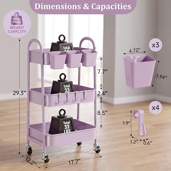 danpinera 3-Tier Rolling Cart, Utility Cart Mobile Metal Rolling Storage Cart with Lockable Wheels & Hanging Cups & Hooks for Kitchen, Bathroom, Office, Workshop, Purple - Image 2