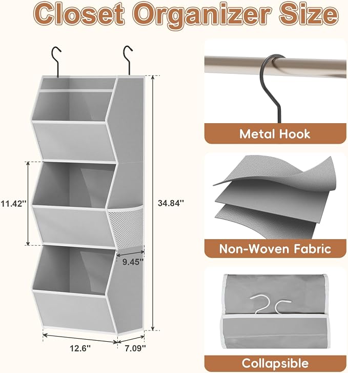 Closet Hanging Organizer with Pockets, 3 Shelf Hanging Clothes Organizers | Kids Closet Organizers and Storage for Clothes Fabric Hanging Storage Bins for Wardrobe Closet Organization and Storage, Grey - Image 3