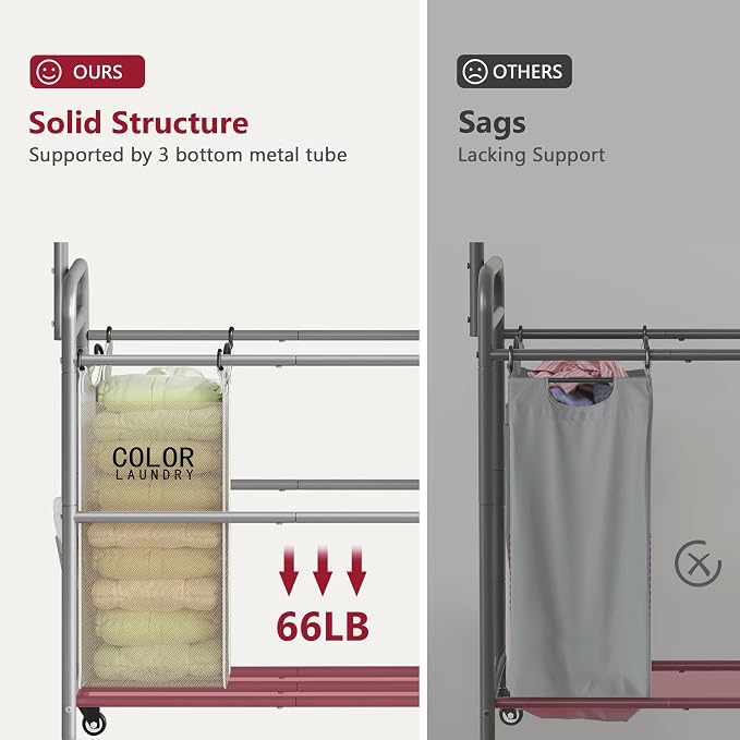Laundry Hamper with Hanging Rack, Laundry Sorter 3 Section, Beige | 39 Gal Rolling Laundry Cart with Heavy Duty Lockable Wheels and Removable Bags for Laundry Room, Bedroom & Family - Image 5