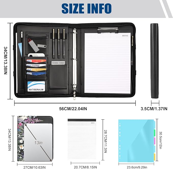 Portfolio Binder 3 Ring Includes Pen and 5 Dividers with 10 Pockets, Padfolio Organizer with Zipper for Men and Women, Includes A4 Notepad for Business, School, Work - Image 2
