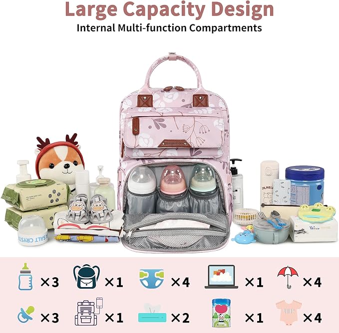 Diaper Bag Backpack for Baby Girl, Multifunction Waterproof Diaper Bag for Mom Dad, Large Pink Floral Baby Diaper Bags, Baby Essentials Travel Bag with Stroller Straps, Large Capacity, Stylish - Image 3