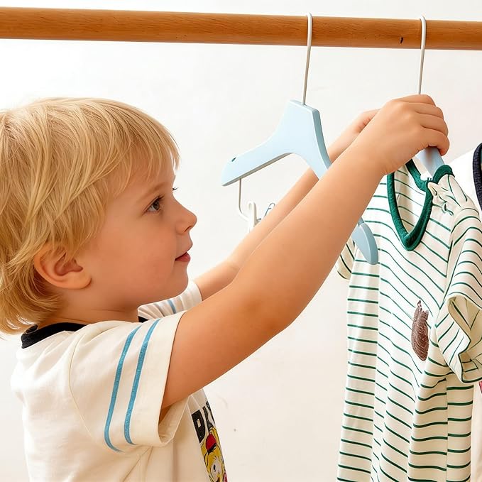 Blue 12.7" Ultra-Thin Wooden Children Closet Clothes Clips Hangers 20PCS Wood Baby Kids Coat Hangers for Infant Toddler Newborn Jumpsuit Pants Skirts Jeans Space Saving Heavy Duty Durable - Image 3