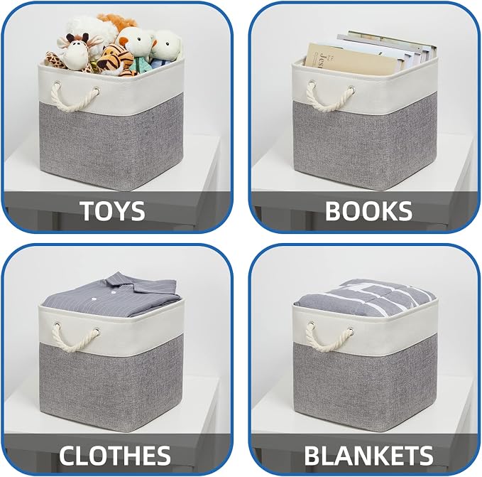 Temary Fabric Baskets 13 Inch Cube Storage Baskets with Rope Handle, Storage Cube Bins Clothes Basket for Gift, Large Storage Bins for Storage Books, Blankets (White&Gray) - Image 4