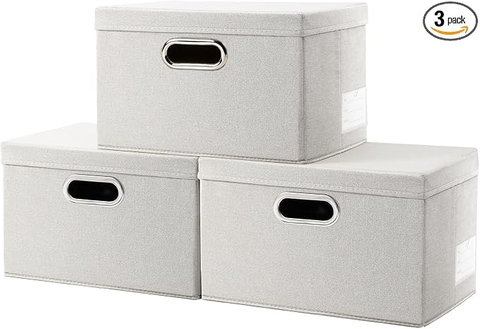 Storage Bins with Lids [3-Pack] Linen Fabric Foldable Storage Boxes Organizer Containers Baskets Cube with Cover for Bedroom Closet Office Beige（11.4X8.6X6.7 by Prandom