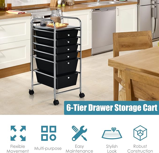 GOFLAME 6-Drawer Rolling Storage Cart, Multifunctional Art Craft Organizer, Mobile Utility Storage with Removable Drawers & Lockable Wheels, Craft Cart for Home Office, School, Black - Image 4