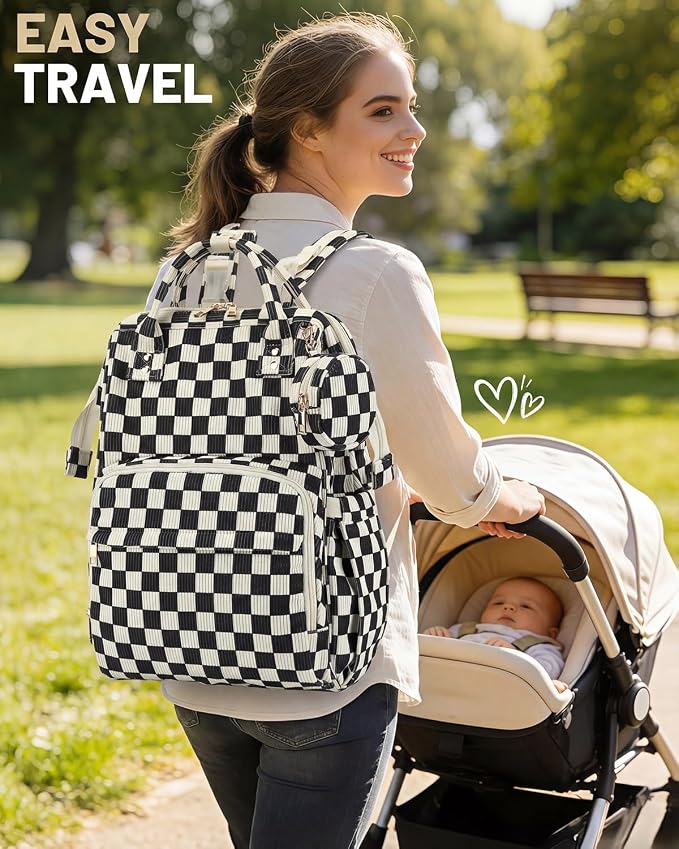 Corduroy Diaper Bag Backpack, Large Capacity Multifunction Baby Diaper Bags for Women, Insulated Bottle Pockets & Pacifier Case, Stylish Travel Nappy Changing Bags for Mom Dad (Checkered Black) - Image 8