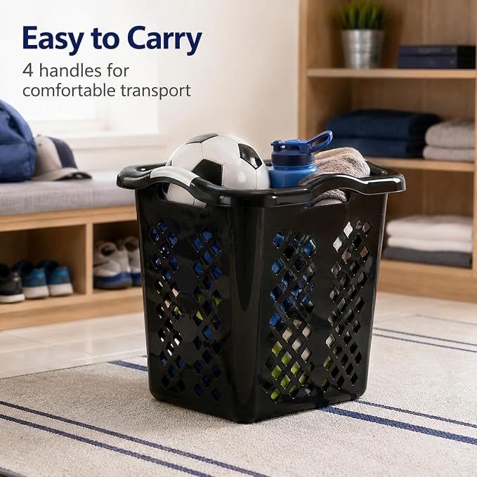 Laundry Basket 2 Pack 2 Bushel Plastic with Handles Black | Durable Plastic with Space-Saving Shape – Fits closets and on top of machines. Also organizes toys, balls, and sports gear. - Image 5