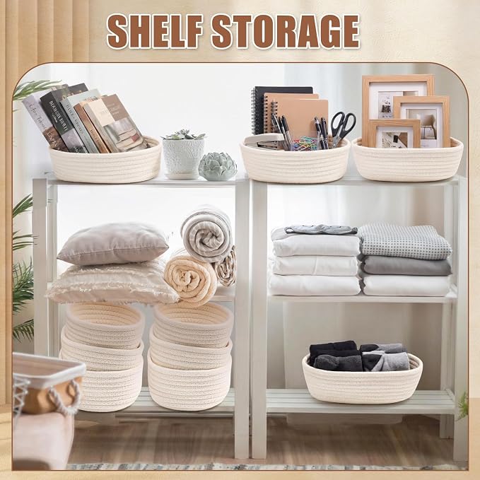 12 Pack Small Storage Basket Cute Natural Cotton Rope Woven Basket Tiny Boho Decorative Toy Storage Bin Gift Baskets for Home Organizing, Closet, Shelf, Nursery, Bathroom(Oval,Beige) - Image 4