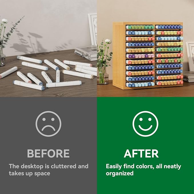 YMYNY Wooden Marker Organizer,Natural Wood Color11.81*5.31*11.81"HMR001N | Desktop Storage Hold 176 Markers,Pens,Pencils,Art Brushes Stationary Organizer Pencil Holder with 22 Compartments for Home - Image 8