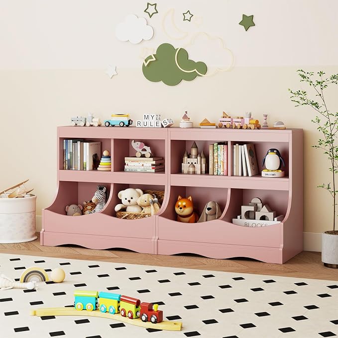 HONEY JOY Kids Toy Storage Organizer, 4-Cubby Wooden Bookcase Cabinet, 2-Tier Open Daycare Shelf for Preschool, Kids Display Bookshelf for Bedroom, Playroom, Classroom & Nursery (Pink) - Image 9