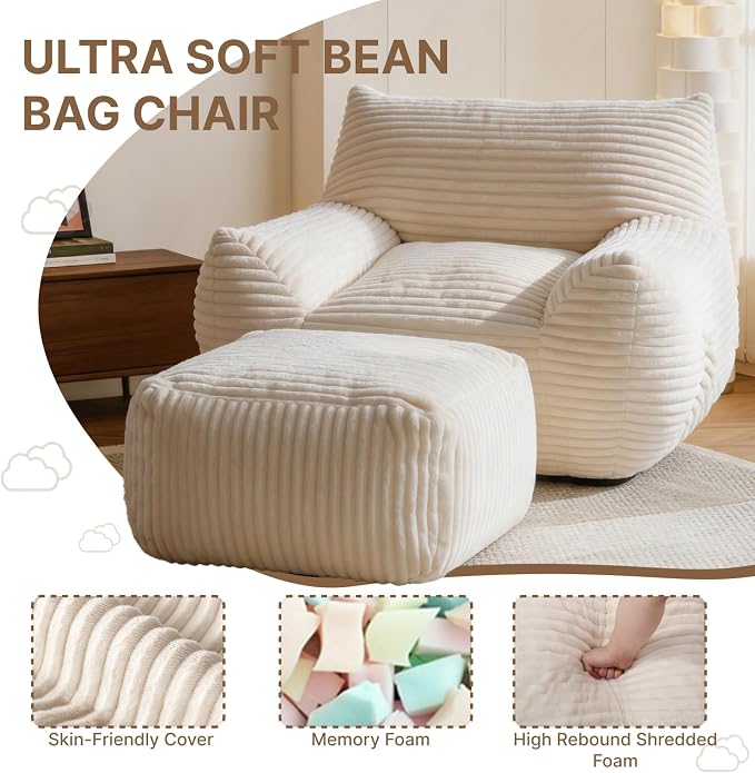 Oversized Bean Bag Chair with Ottoman, Bean Bag Couch with 2 Side Pockets, Corduroy Boneless Couch Chair in a Box, Comfy Lounge Chair for Living Room, Bedroom, Dorm, White - Image 6