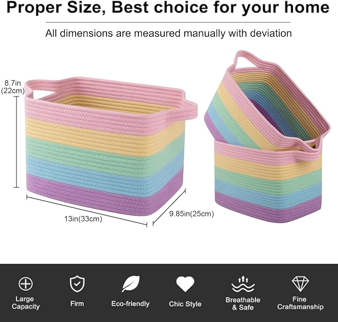 OIAHOMY Storage Basket, Woven Baskets for Storage, Cotton Rope Basket for toys,Towel Baskets for Bathroom - Pack of 3, Rainbow Pastel - Image 3