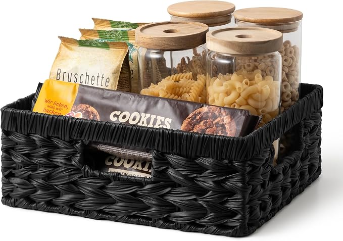 GRANNY SAYS Wicker Baskets for Organizing, Waterproof Black Basket, 1-Pack | Handwoven Wicker Storage Basket for Shelves, Woven Baskets for Pantry Storage, Large Shallow Basket, Black Wicker Basket by GRANNYSAYS