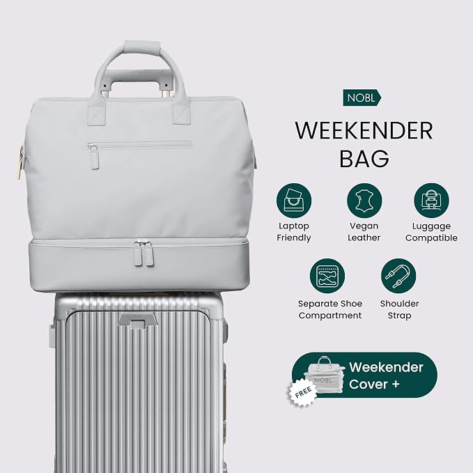 Nobl Travel Weekender Bag for Women & Men, Large Carry-On Duffel, Silver | Leather Overnight Tote with Trolley Sleeve, Separate Shoe Compartment & Laptop Pocket for Airplane, Gym & Road Trips - Image 5