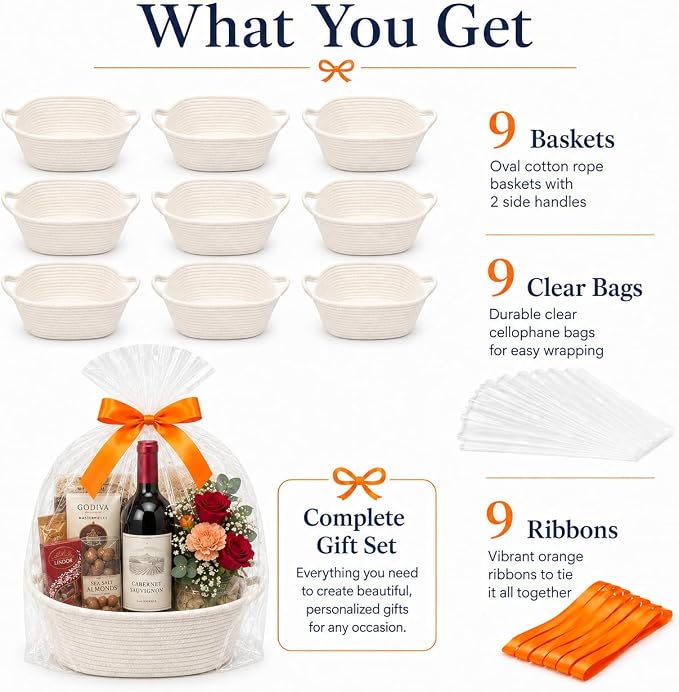 9Pcs Baskets for Gifts Empty with Gift Bags and Ribbons, Small Cute Woven Cotton Rope Basket, for Easter Mother's Day, Baby Nursery Room Shelf Storage Toy Pet Organizer to Fill, White, 12 x 8 x 5 inch - Image 5