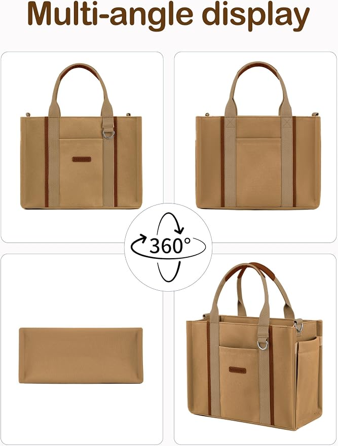 BESBESME Women’s Canvas Tote Bag with Zipper and Compartments – Multi-Pocket Laptop Work Crossbody Shoulder Tote Purse - Image 7