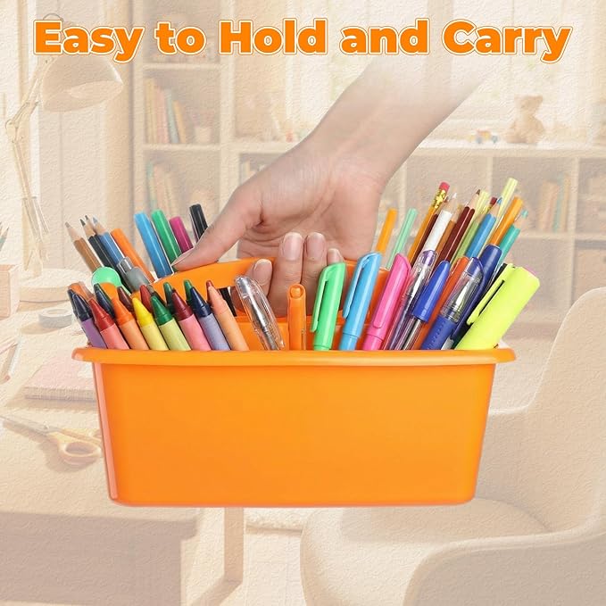 Kathfly 4 Pack Classroom Caddy Organizer with Handle, Plastic Art Craft Cleaning Caddy Bulk, Small Multipurpose Supply Organization Storage Basket for Table Desk Office Pencil Teacher (Blue Orange) - Image 6