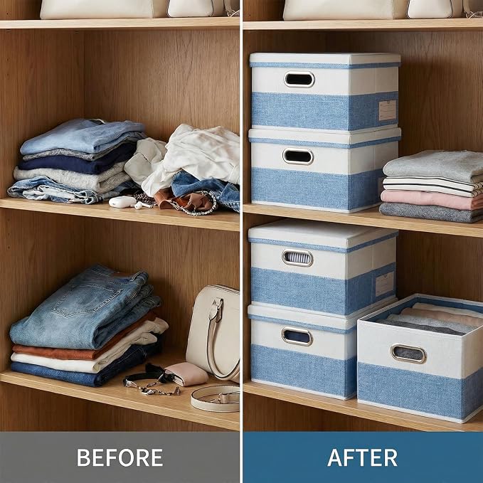 Storage Bins with Lids [3-Pack] Linen Fabric Foldable Storage Boxes Organizer Containers Baskets Cube with Cover for Bedroom Closet Office Blue&White（11.4X8.6X6.7 - Image 6