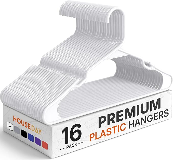 HOUSE DAY White Plastic Hangers 16 Pack – Slim Space Saving Clothes Hangers | Durable Hangers for Shirts, Coats and Pants, Non-Slip Notches Hold Straps, Small Bedroom Closets, Dorm & Apartment by HOUSEDAY