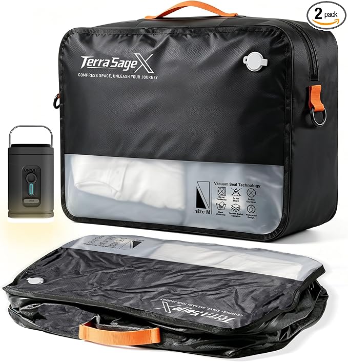 Travel Vacuum Bags with Pump, Space Saver Compression Storage Bags for Luggage & Suitcase, Clear Viewing Window, Reusable Vacuum Seal Bags for Clothes, Bedding & Travel (32L, 2 Pack) by TerraSageX