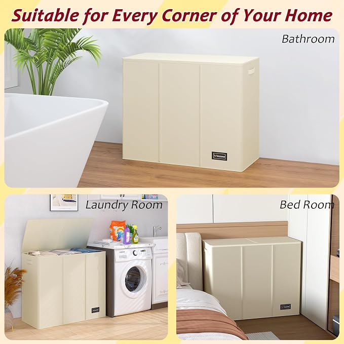 220L Laundry Hamper 3 Section,Large Laundry Hamper with Lid,Dirty Clothes Hamper with 3 Inner Bags,Collapsible Laundry Basket Organizer for Laundry Room,Bedroom,Laundry Sorter Hamper 3 Compartment - Image 7