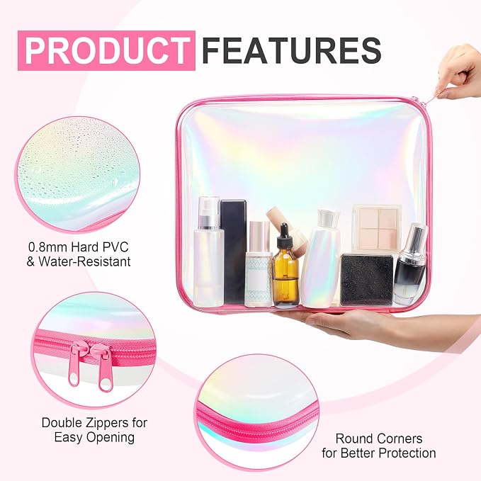 Sanwuta 6 Clear Hard Zipper Case,Holographic,13.78 X 11.81 X 2 Inch | Pencil Case Pouches ,Makeup Bag,Plastic Toiletry Diaper Bag ,Travel Toy Storage,Waterproof Organizer Bins - Image 3