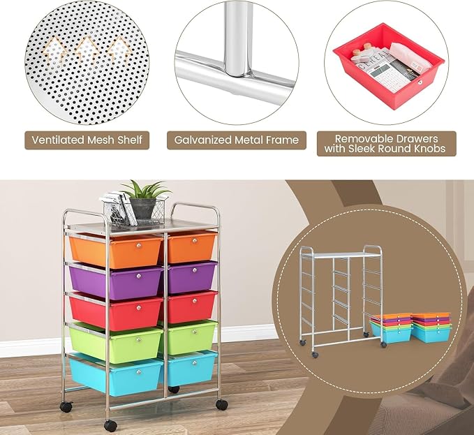 10 Drawer Rolling Cart, Storage Cart Organizer on Wheels, Drawer Cart with Metal Frame & Large Storage Capacity, Rolling Cart with Drawers for Living Room Classroom, Office - Image 7