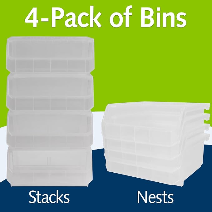 Medium-Wide Stackable Plastic Storage Bins, 4-Pack, Clear | Open-Front Stackable Bins For Garage, Pantry, Closet & Office, 11"L X 11"W X 5"H, Nests When Empty, Durable Plastic - Image 3