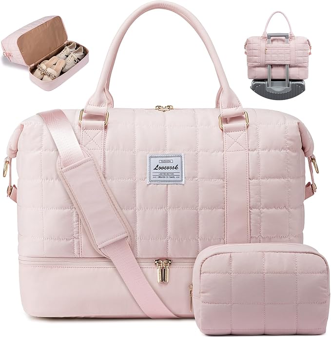 LOVEVOOK Travel Duffel Bag - Versatile Weekender Bag for Women, Puffer Carry On & Overnight Bag for Short Trips, Pink by LOVEVOOK