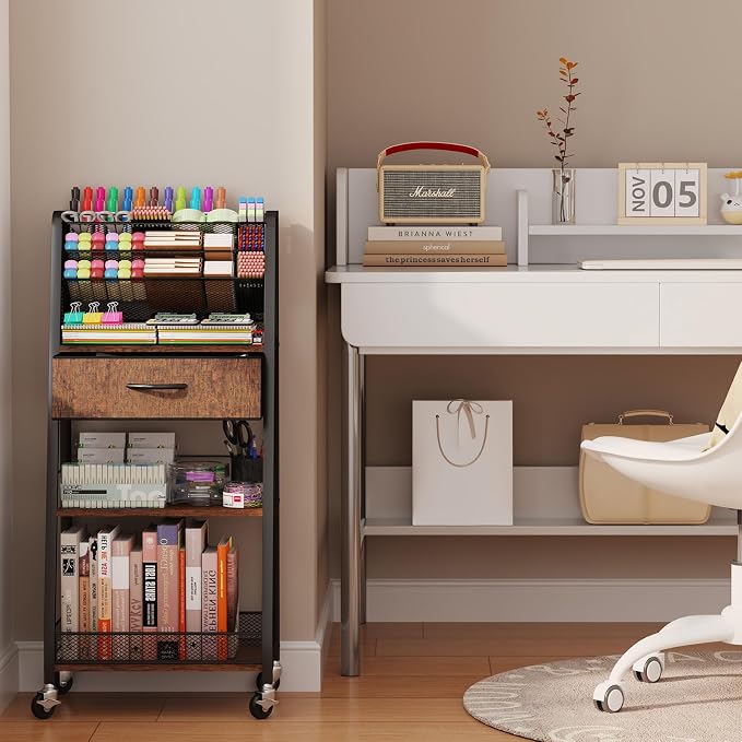 3 Tier Rolling Cart - Metal Utility Cart with Storage Drawer and Wheels, Versatile Art & Craft Organizer for Home, Office, or Studio - Ideal for Storing Brushes, Paints, and Supplies - Image 4
