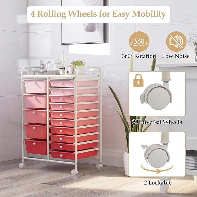 15 Drawer Rolling Storage Cart, Rolling Cart with Drawers for Classroom, Art Supply Craft Organizer on Wheel with Metal Frame & Handles for Home Office School - Image 5
