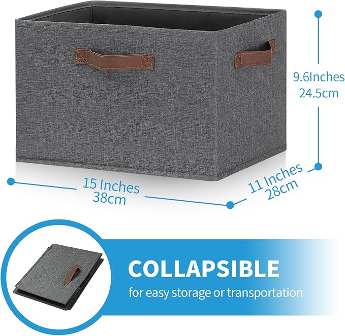 GhvyenntteS Large Fabric Storage Bins with 3 Handles, 15x11x9.6 Inch Storage Baskets for Shelves, Foldable Closet Storage Bins for Shelves, Closet Organizers and Storage Boxes, Gray - Image 2
