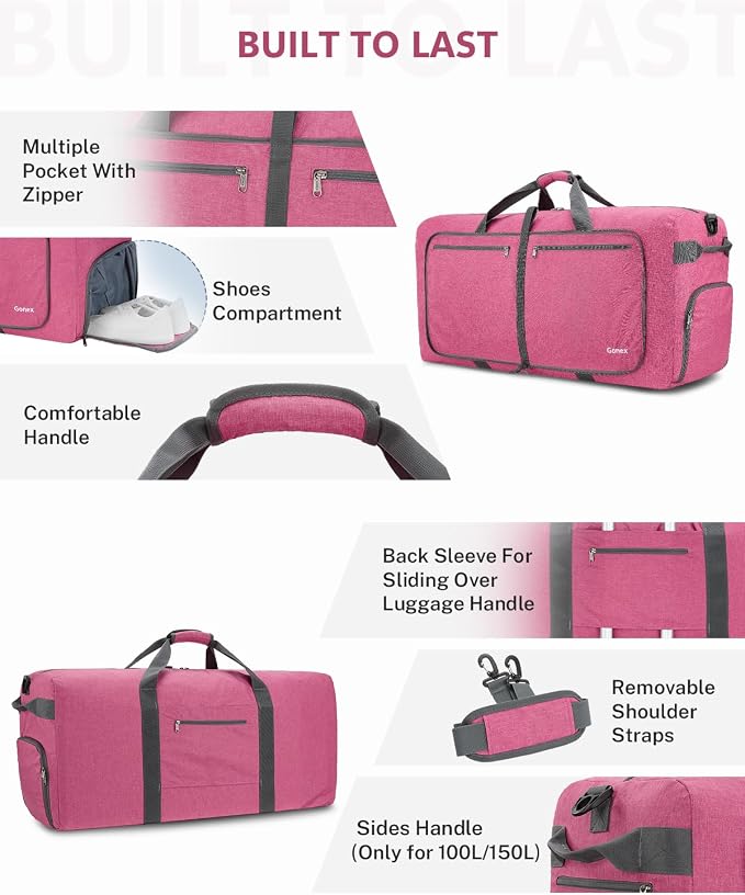 Gonex 100L Foldable Travel Duffle Bag with Shoe Compartment, Lightweight | 210D Nylon, Water-Repellent, Folds Compact, Multiple Pockets, Luggage Sleeve,Family Travel & Camping, Pink - Image 5