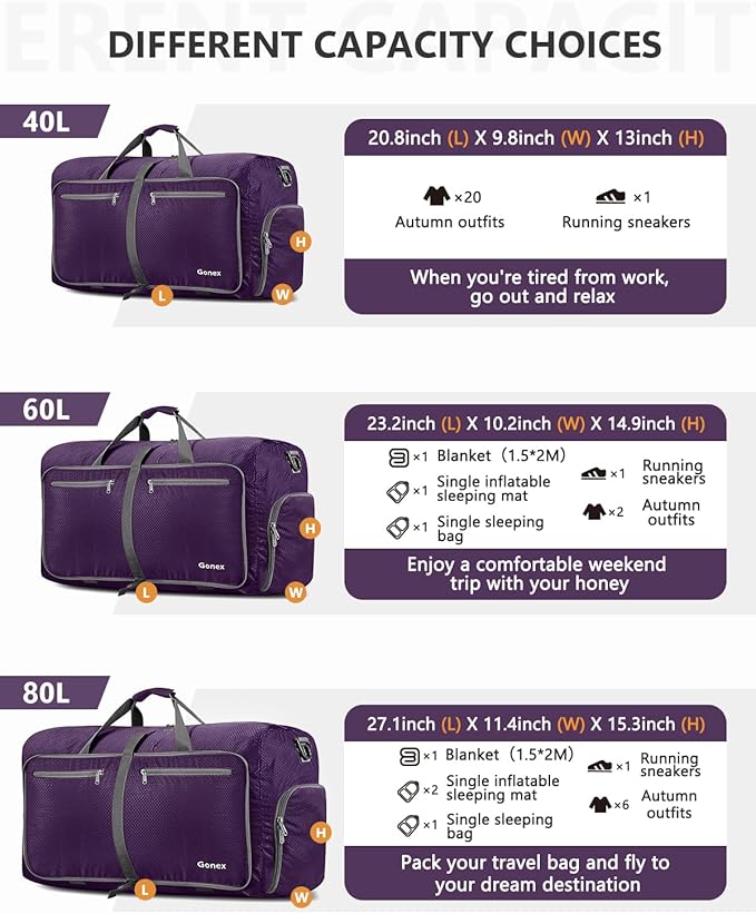 Gonex 80L Foldable Travel Duffle Bag with Shoe Compartment, Lightweight | 210D Nylon, Water-Repellent, Folds Compact, Multiple Pockets, Luggage Sleeve, Weekend Trips & Camping, Purple - Image 3