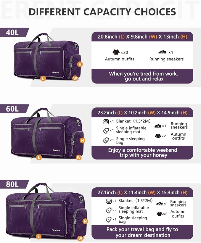 Gonex Foldable Travel Duffle Bag, Lightweight with Shoe Compartment | 210D Nylon, Water-Repellent, Folds Compact, Multiple Pockets, Luggage Sleeve, Travel & Weekend Use, 40L, Purple - Image 3