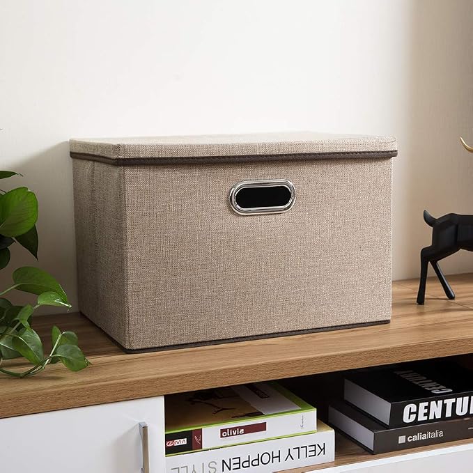 Large Collapsible Storage Bins with Lids [1-Pack] Jute Fabric Foldable Storage Boxes Organizer Containers Baskets Cube with Cover for Home Bedroom Closet Office Nursery (17.7x11.8x11.8) - Image 3