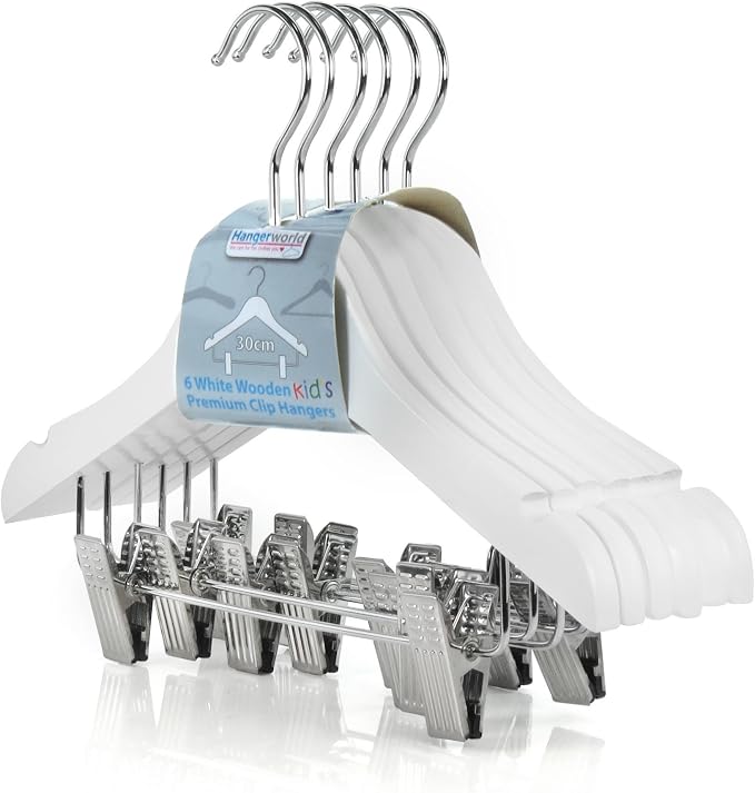 HANGERWORLD White Wooden Kids Coat Hangers with Trouser Skirt Clips - Pack of 12, 30cm for Toddler, Child and Baby Clothes by Hangerworld