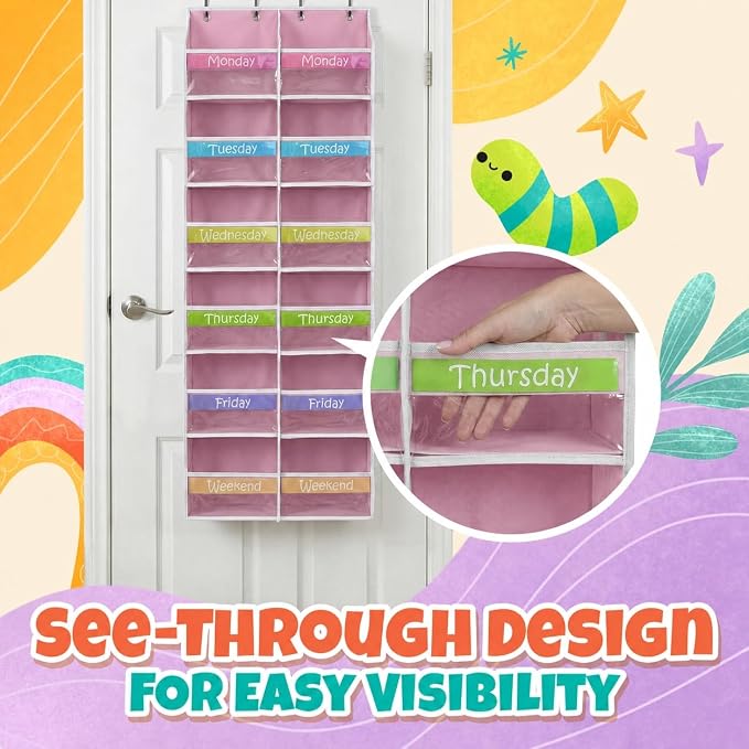 Housables Weekly Clothes Organizer for Kids, Kids Closet, 12 Shelf, Pink | Houseables Days of the Week Clothes Organizer, Daily Outfit Storage, Monday to Friday Clothing, Weekday, School, Door Hanging - Image 5