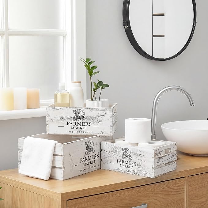 Barydat Set of 5 Wood Crates for Display Decorative Nesting Wooden Crate Storage with Handles Vintage Farmhouse Style Decorative Boxes Multipurpose Fruits Vegetables Boxes (Rustic White,Elegant) - Image 4