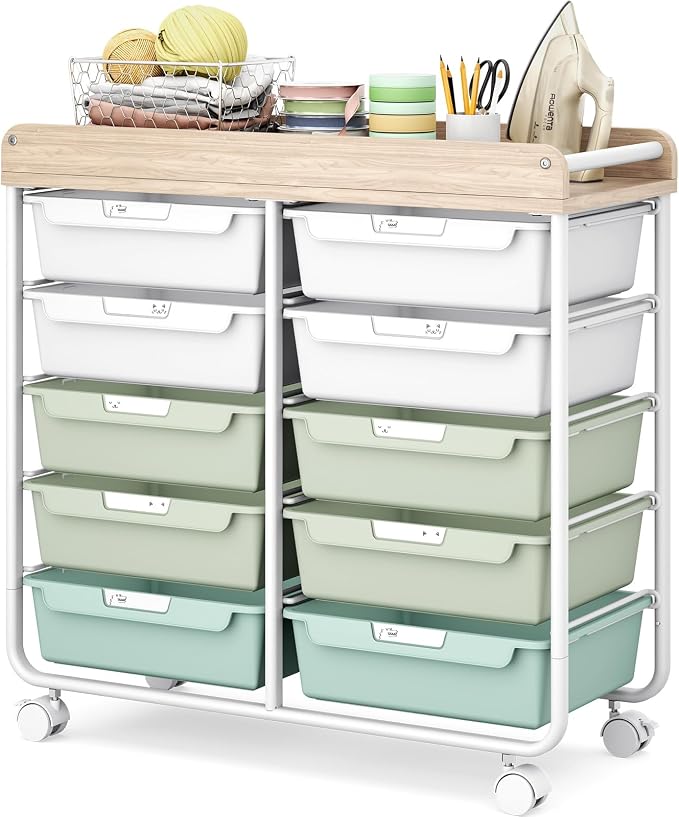 10 Drawer Rolling Storage Cart with Wood Top for Classroom Crafts Green | Easy Setup, Large Capacity, Sturdy Build, Lockable Mobility, For office, classroom and home supplies by APEXCHASER