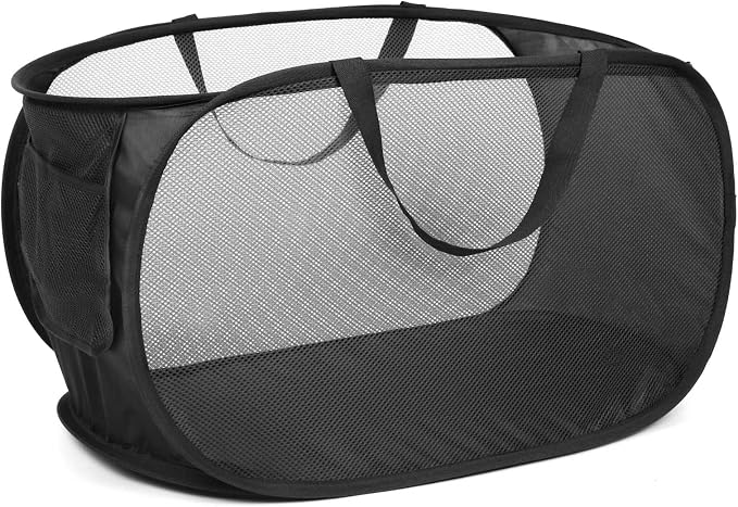 Durable Collapsible Laundry Baskets, Mesh Pop Up Laundry Hamper with Side Pocket, Foldable Clothes Storage Hamper with Reinforced Carry Handles for Laundry, Bathroom, Kids Room, Dorm or Travel Black by Bemkoo