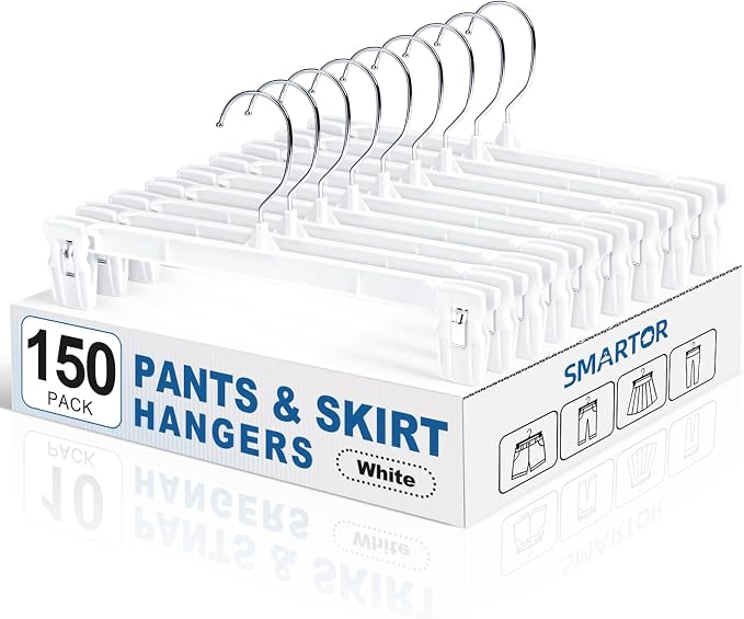 Skirt Hangers with Clips, 150 Pack White Pants Hangers | 12 Inch Plastic Clips Hangers Space-Saving Closet Organizer for Skirts, Shorts, Jeans with 360° Swivel Hook & Non-slip Clips by Smartor