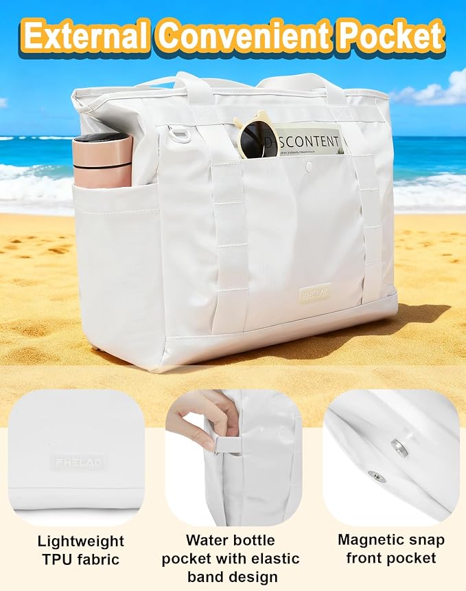 FHELAD Extra Large Glossy Tote Bag for Women, Beach Shoulder Bag 25L | Waterproof Sandproof, 15.6" Laptop Compartment, Luggage Strap, Work, Travel - Image 5