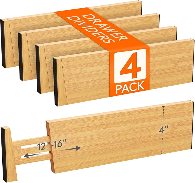 Lifewit 4" High Dresser Drawer Dividers, Adjustable Bamboo Drawer Organizer | 4 Pack 12"-16" Expandable Drawer Separator for Clothes, Utensils, Kitchen, Cabinet, Closet, Nursery Organization & Storage by Lifewit