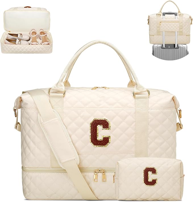 Birthday Gifts Duffle Bags Girls Initial Dance Bag(Beige,C) | Womens Birthday Gifts-Overnight Bags with Toiletry Bag-Weekend Bags with Shoe Compartment by Unknown