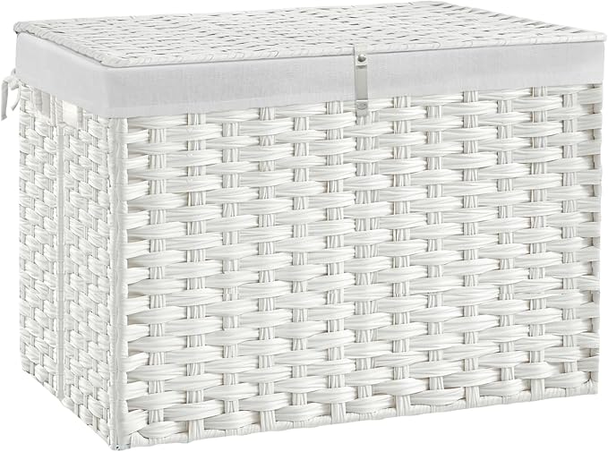 240L Wicker Storage Basket with Lid, Handwoven Rattan Large Shelf Basket with Removable Liner, 63.5 Gallon Wicker Basket for Blanket, Storage Trunk with Handle for Closet, Bedroom, Livingroom, White by Hiagnete